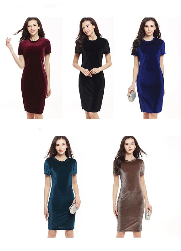 USA SIZE Swan gold velvet round neck short sleeve dress pencil skirt