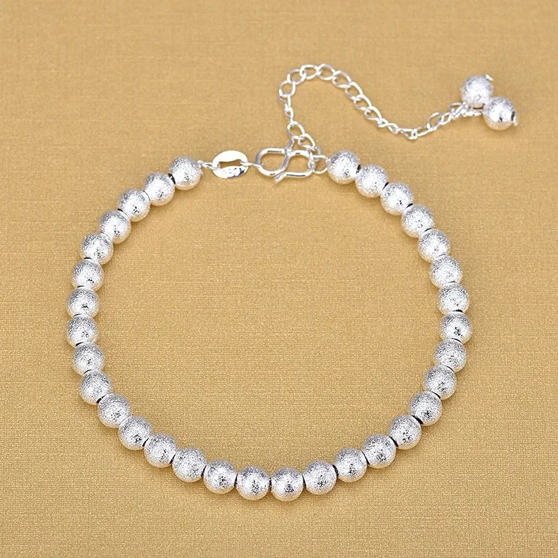 Frosted round beads women's silver bracelet