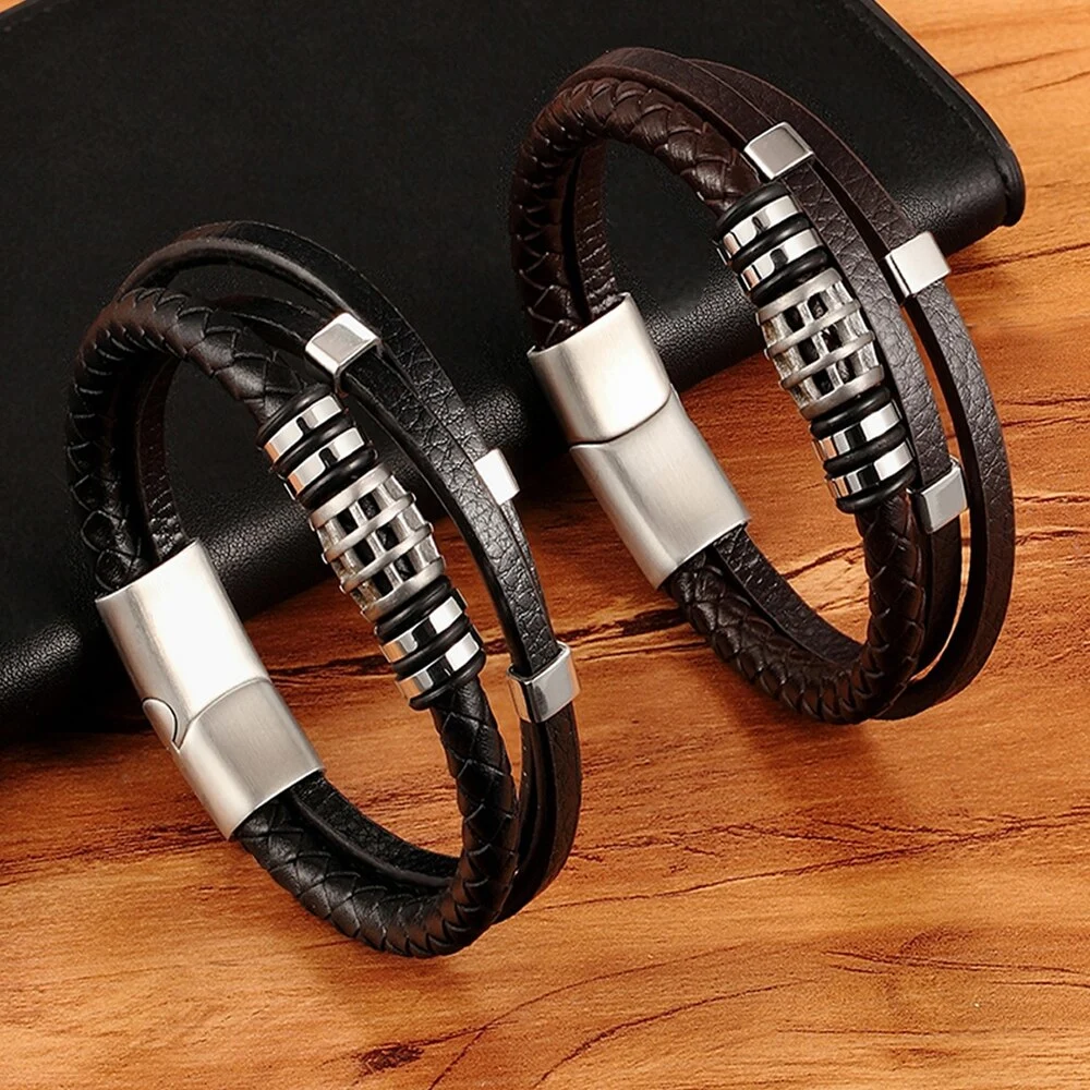 Stainless steel leather multi-layer bracelet