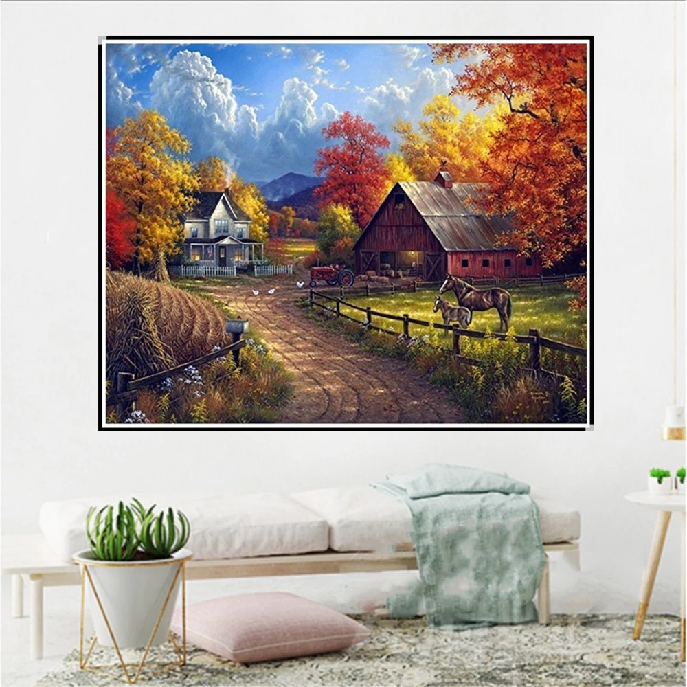 Landscape House Farm Horse Decoration Living Room Cross Stitch Stickers