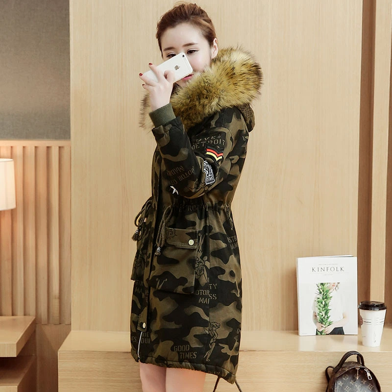 Thickened cotton padded jacket, women's hair collar winter coat