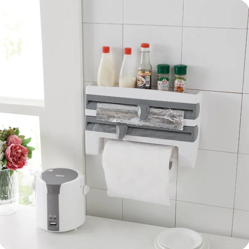 Multifunction Wall-Mount Cling Film Storage Wrap Cutter Rack Paper Holder for Kitchen