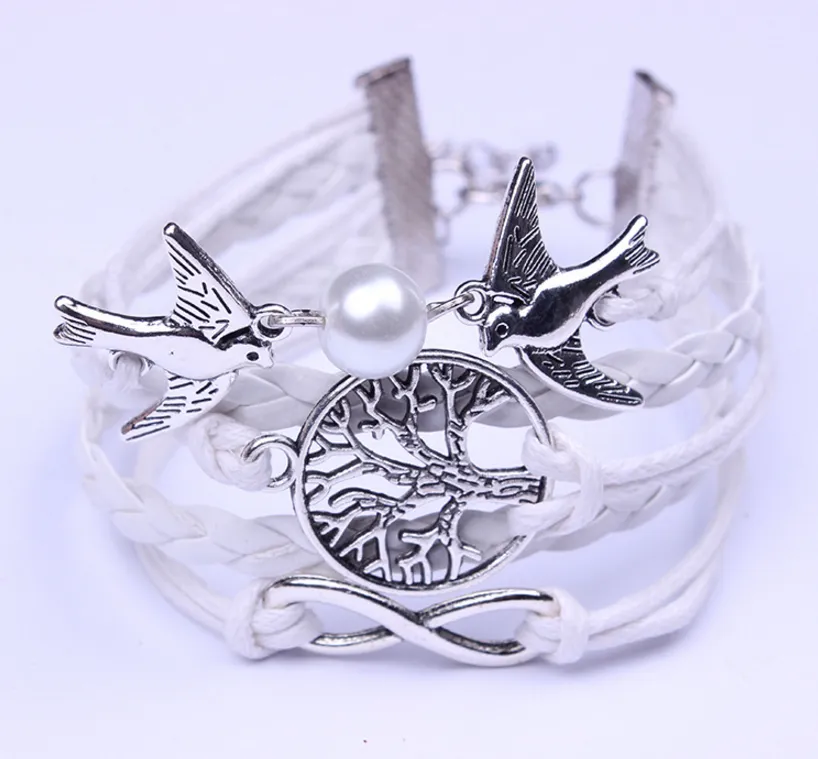 Vintage Peace Dove Pearl Life Tree 8 Words Endless Braided Bracelet Bracelet