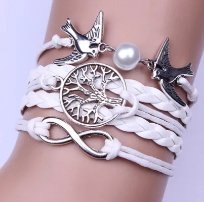 Vintage Peace Dove Pearl Life Tree 8 Words Endless Braided Bracelet Bracelet