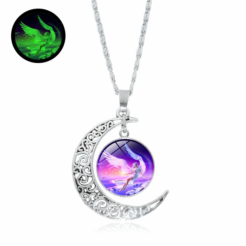 Beautiful Angel Half Moon Luminous Time Gemstone Necklace