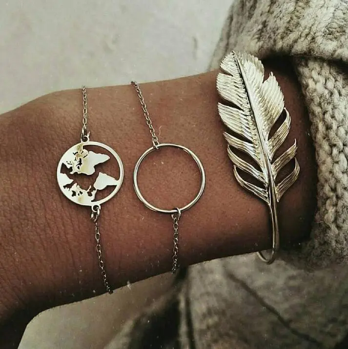 European and American cross-border jewelry New geometric smooth circle round map leaf bracelet bracelet three-piece