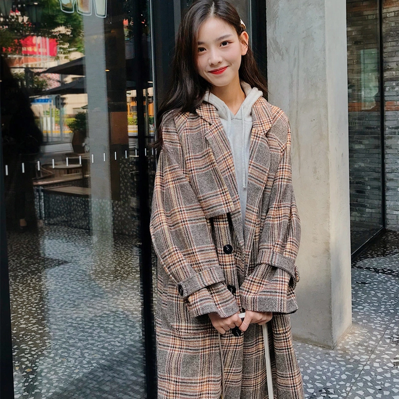 Loose slim long double-breasted retro plaid woolen coat female winter student thickening coat