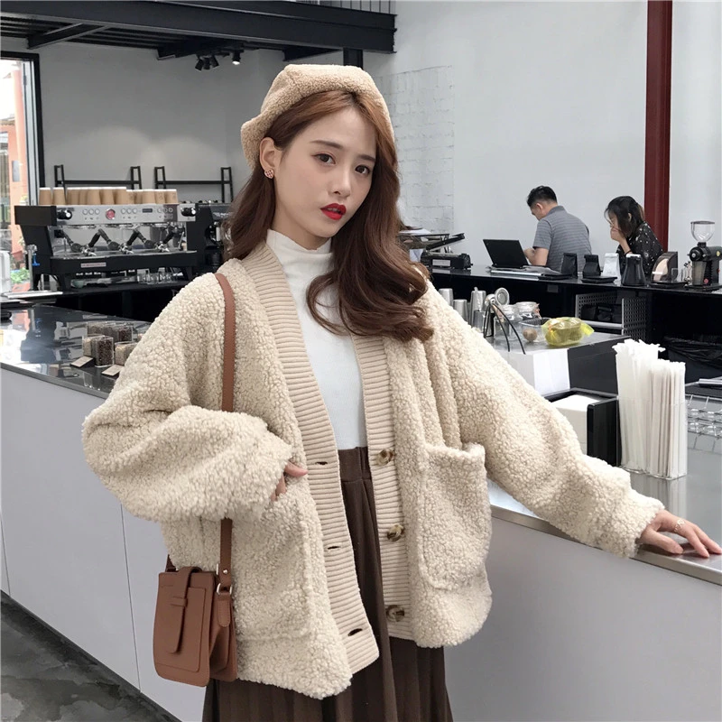 Loose thick double-layer imitation lamb hair cardigan jacket