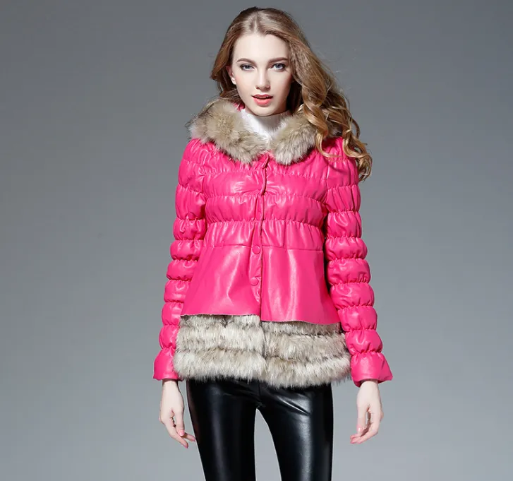New Haining fur coat female Slim PU leather hooded raccoon hair short down jacket
