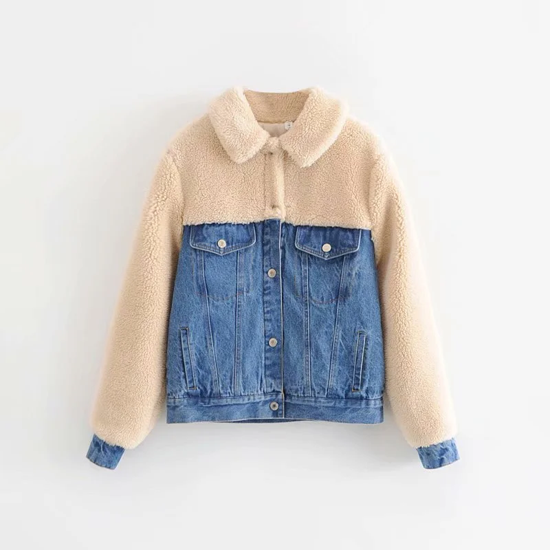 Fashion loose thin lambs denim stitching thick warm coat jacket