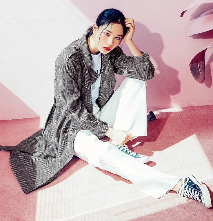 Korean women's autumn new plaid jacket loose long trench coat