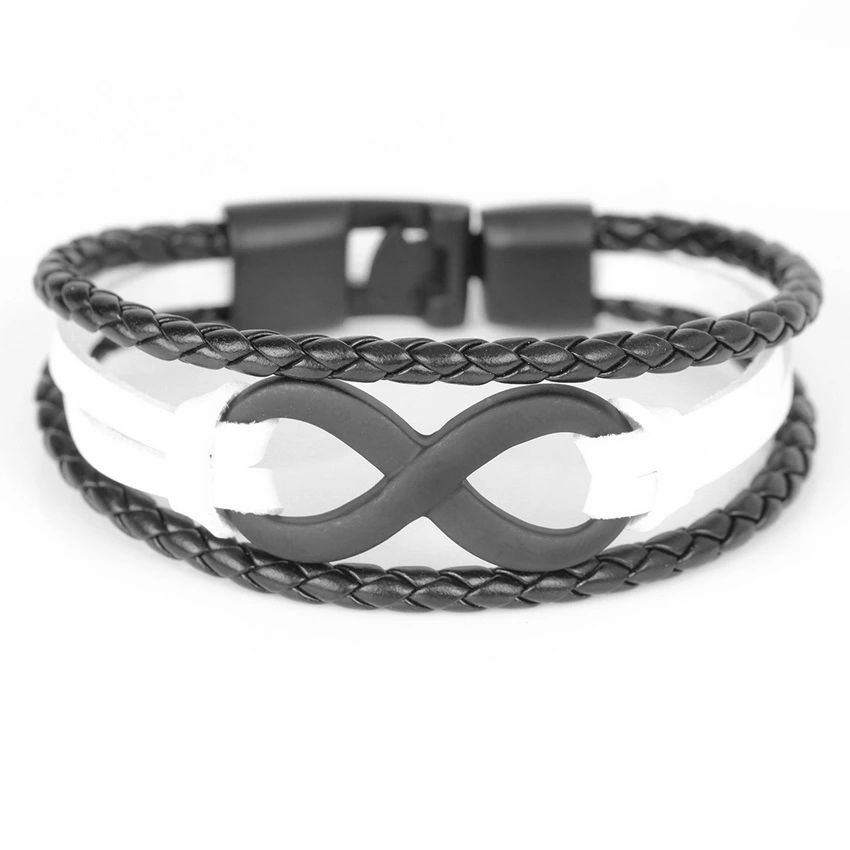 Stainless steel figure eight multi-layer leather braided bracelet