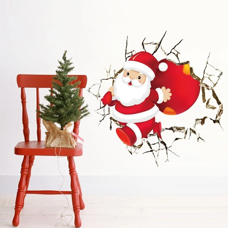 New Cute Santa Claus Broken Wall Merry Christmas Wall Stickers Living Room Home Decor 3d Vinyl New Year Wall Decal Wallpaper