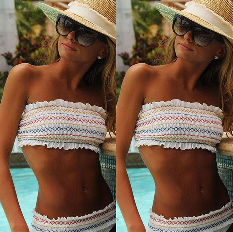 Printed White Sexy Elastic Pleated Wrapped Chest Split Swimsuit Set