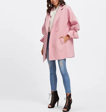 SHEIN Drop Shoulder Pearl Detail Ruffle Cuff Coat Elegant Coats for Women Pink Long Sleeve Ladies Spring Autumn Coats (China)