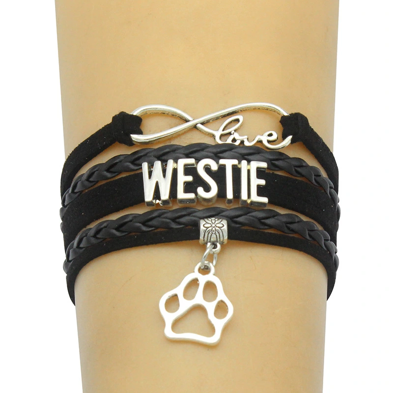 Alloy dog paw pendant braided bracelet