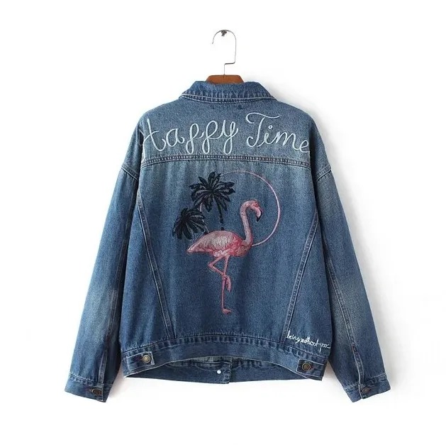 European and American style spring and autumn women's casual wild back flamingo embroidery loose denim jacket coat female