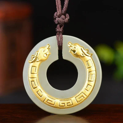 Factory direct Hotan Jade Pendant An Buckle Gold Inlaid Jade Double Dragon Jade Pendant Gift Wholesale