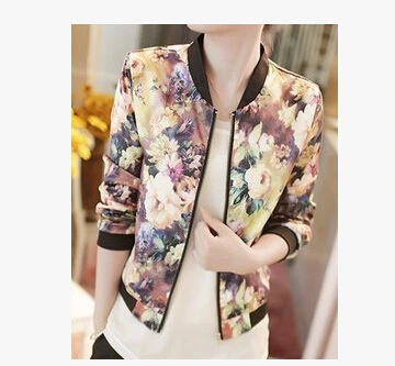 Jacket Trendy Wild Floral Zipper Stand Collar Long Sleeve Short Jacket Women