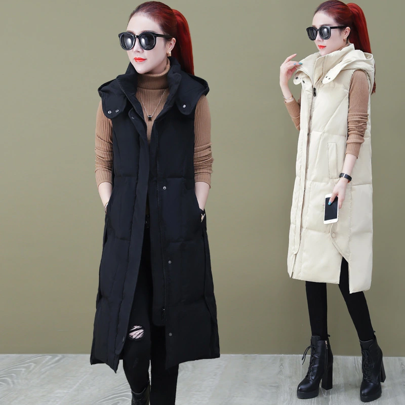 Long over-the-knee down cotton vest with thick solid color plus size vest with hood