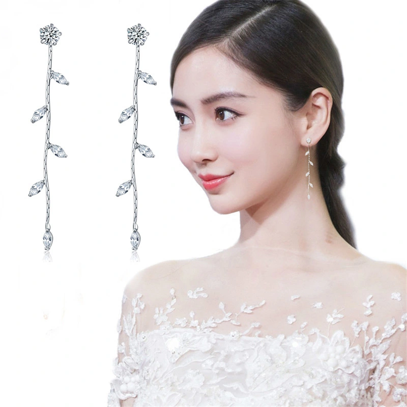 Korean temperament personality fashion leaves long earrings earrings fashion ear jewelry sterling silver needle hypoallergenic ear nails female