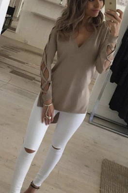 Arm openwork cross V-neck short short long split female T-shirt
