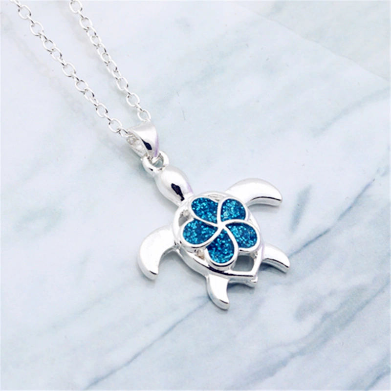 Blue Flower Turtle Epoxy Female Necklace Pendant