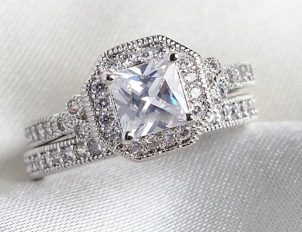 SZ6-9 Bridal sets 10KT white gold filled retro 5mm 2CT CE Women's wedding ring lady Band