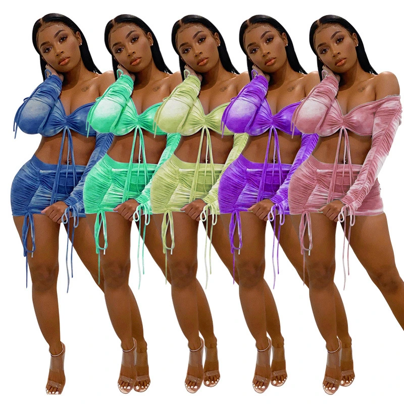 Printed and dyed tube top skirt suit