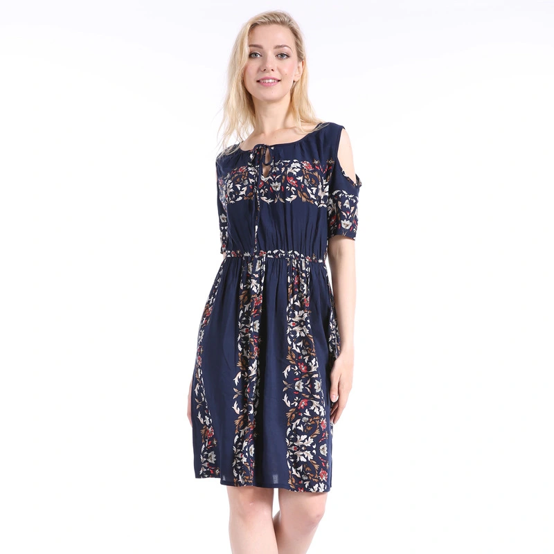 USA SIZE Slim dress women's short-sleeved multi-color cotton silk print off-shoulder dress