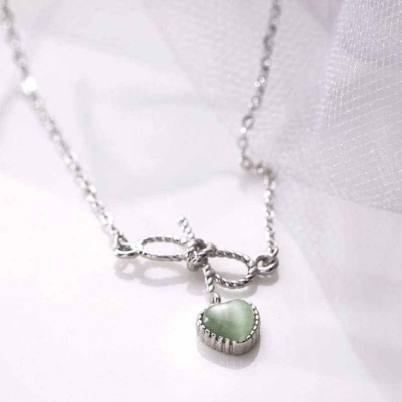 Pure silver bow love cat's Eye Necklace