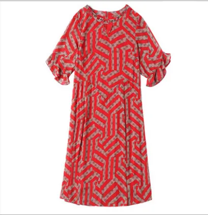 Foreign gas large size women's printed chiffon skirt summer fat mm French beaded retro dress covered belly was thin