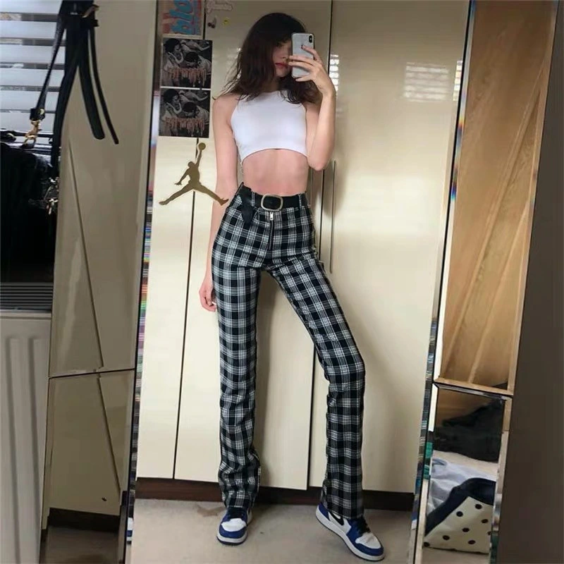 Black and white lattice slim casual pants