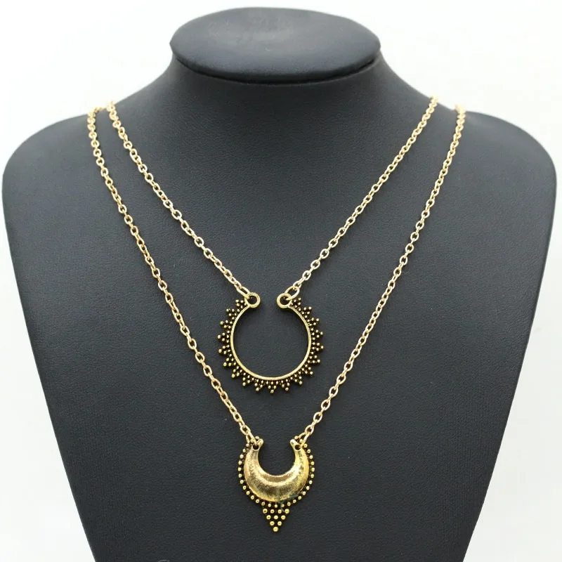 Metal carved double necklace