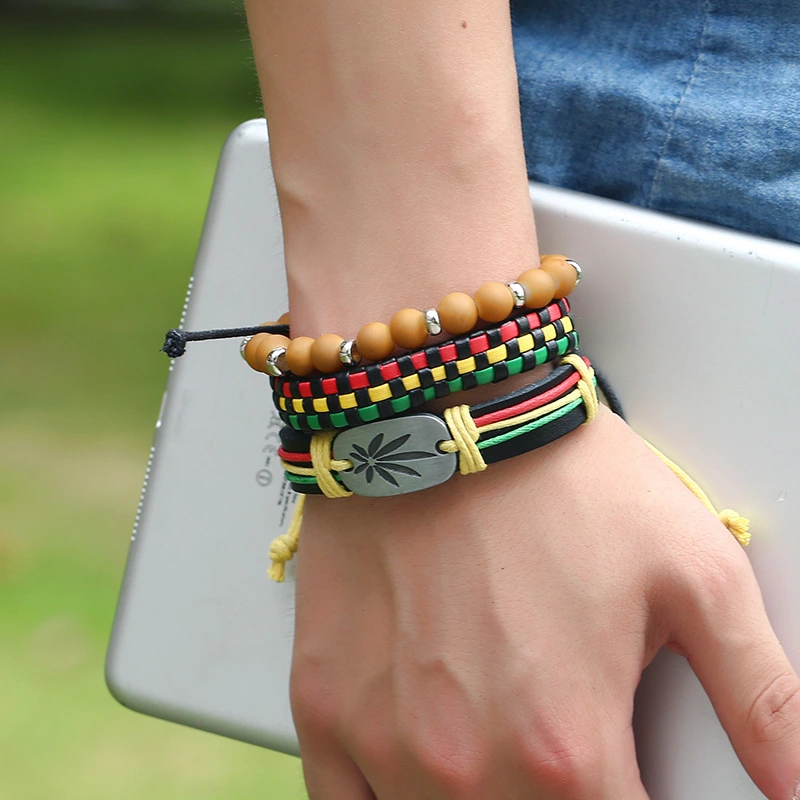 Red yellow green braided cowhide bracelet