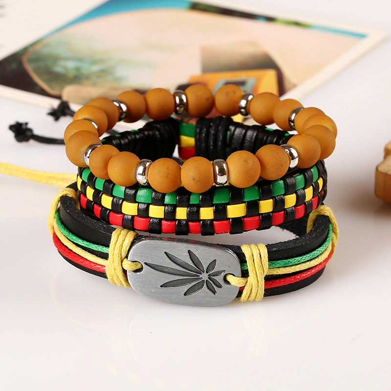 Red yellow green braided cowhide bracelet