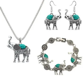 European and American retro turquoise elephant carved three-piece suit jewelry