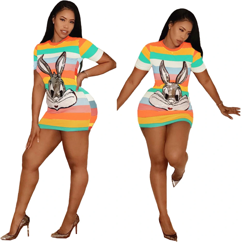 Sequin cartoon avatar round neck dress