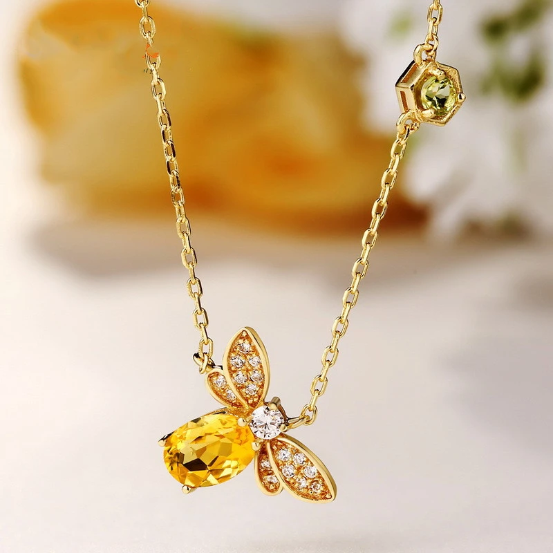 Citrine Peridot Bee Color Gold Necklace