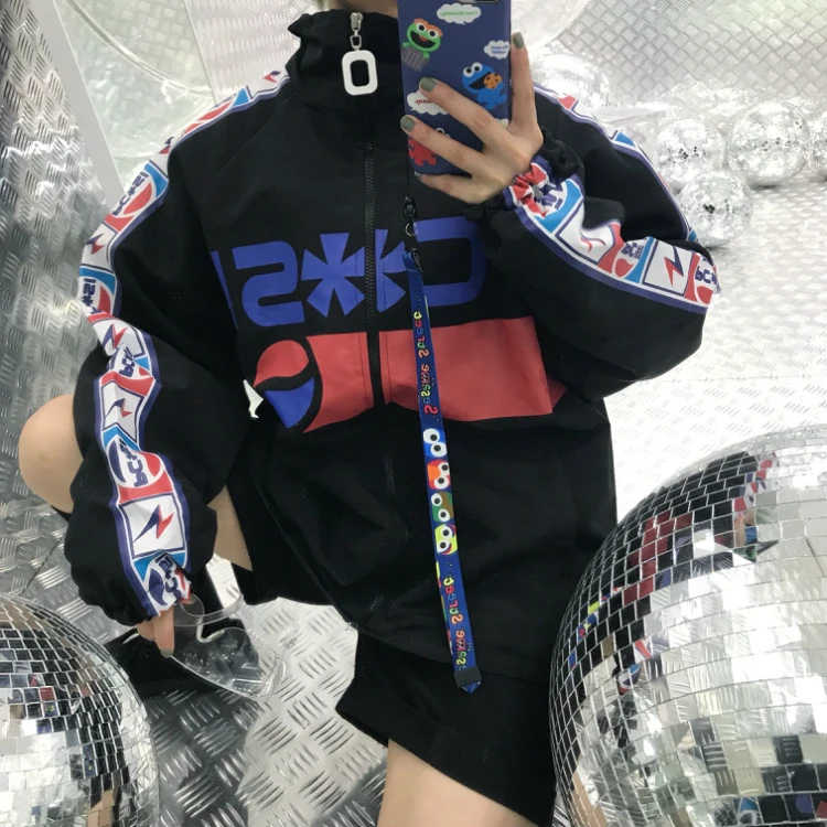 Korean retro icon string print zipper baseball uniform jacket
