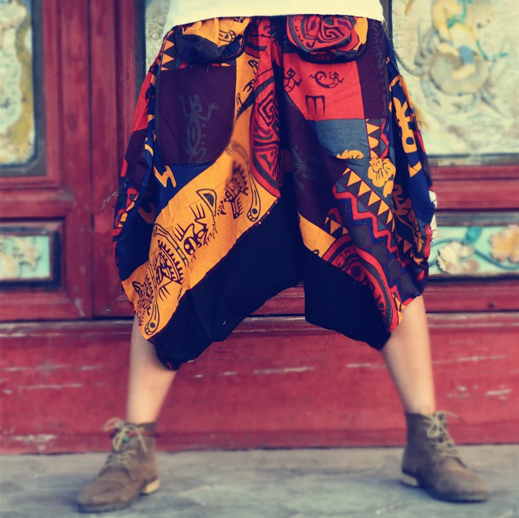 Ethnic style hippie graffiti fat oversized cropped pants