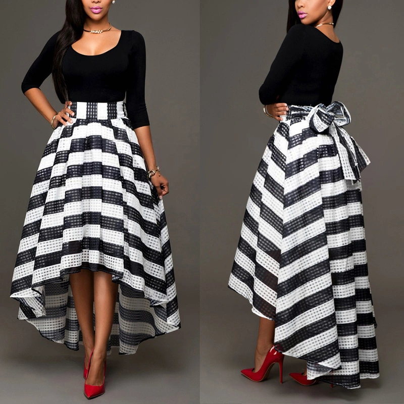 New women's one-piece collar two-piece suit skirt long-sleeved shirt + striped skirt