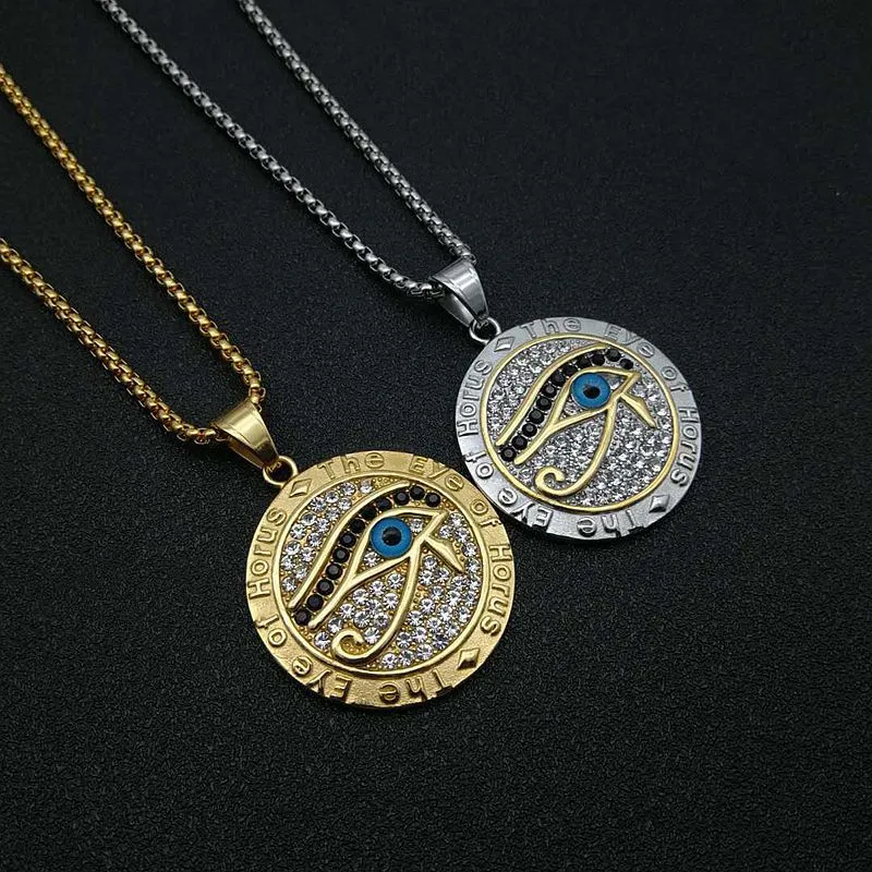 Titanium Steel Gold Plated Rhinestone Eye of Horus Pendant Necklace