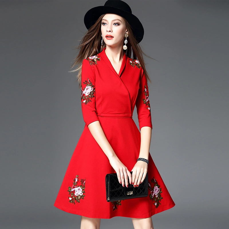 V-collar Embroidery Flower,3 Quarter Sleeve One Piece Dress A-line Skirt