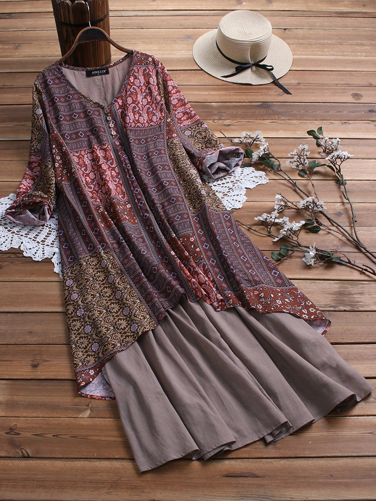 Summer cotton and linen ethnic print skirt