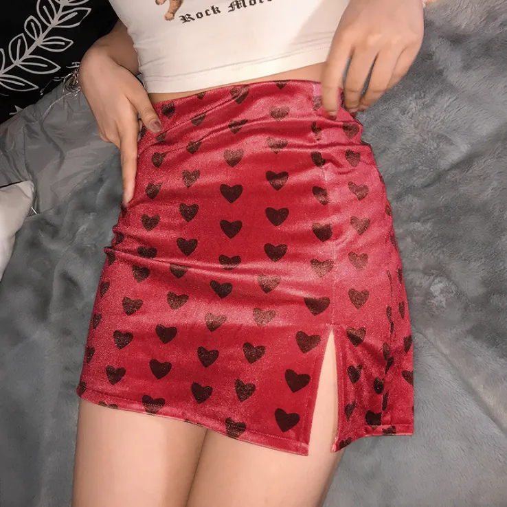 High waist slim fashion print velvet skirt