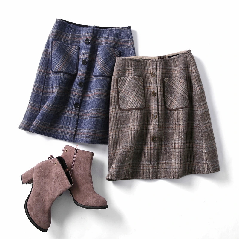 Vintage Plaid Double Faced Women's Woolen Skirt