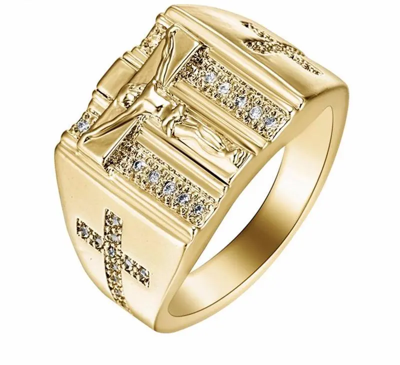 Premium Gold Jesus Ring with Crystals