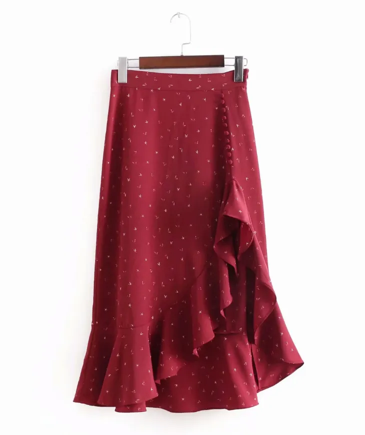 Printed ruffled irregular skirt