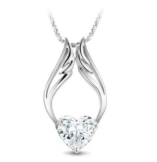 Angel Wings Peach Heart Crystal Necklace Pendant